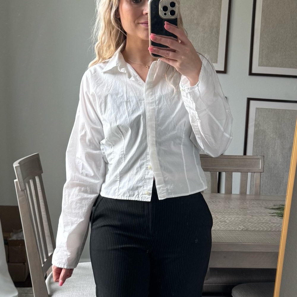 LOFT White Button-Up Crop Blouse Shirt - Picture 3 of 11